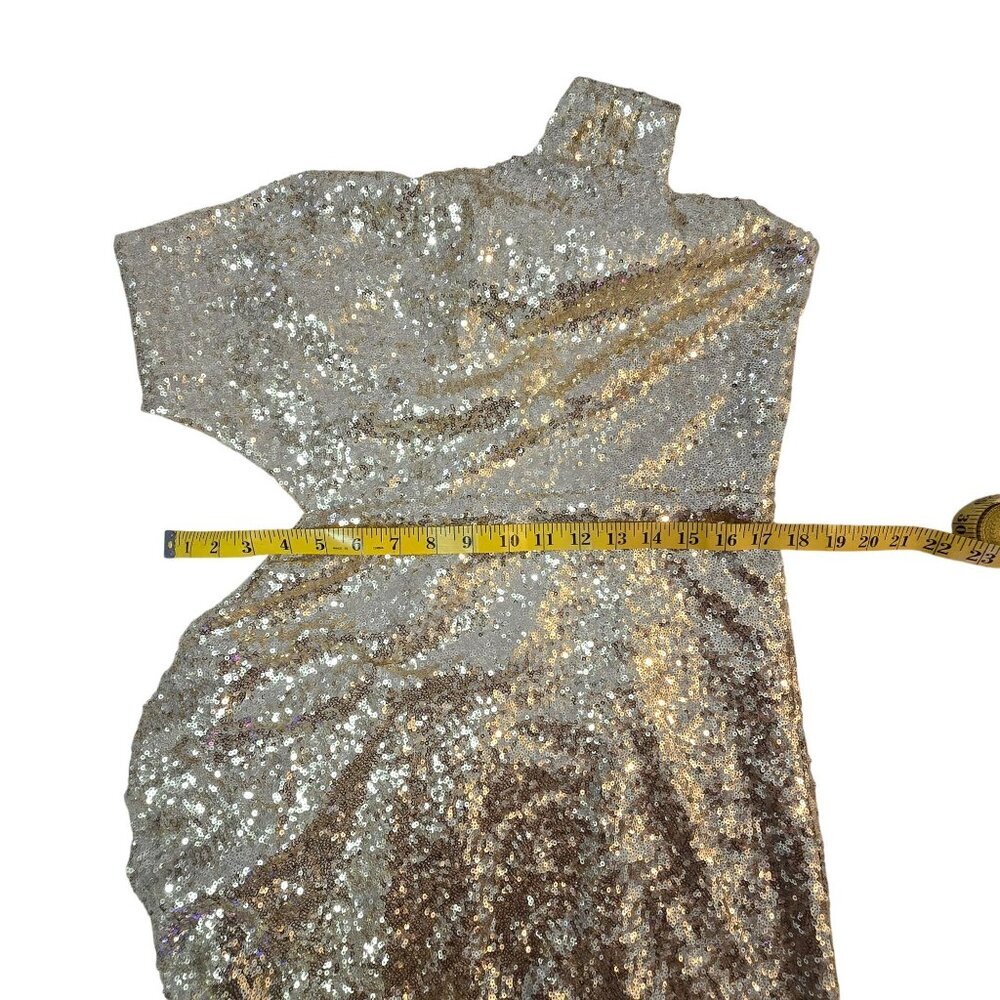 BCBGMAXAZRIA Gold Sequin One-Shoulder Mini Draped Side Cutout XL Holiday Party - Picture 13 of 16